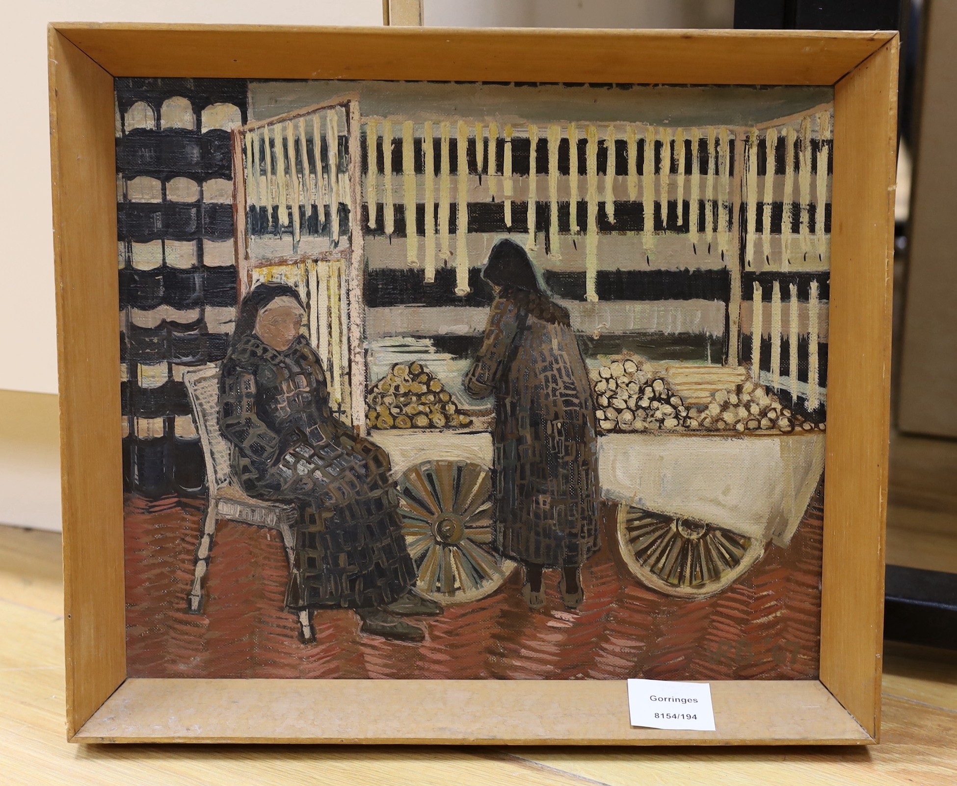 Modern British, 20th century, oil on canvas, Seated figures beside a market cart, indistinctly initialled and dated ’67 lower right, 28 x 34cm